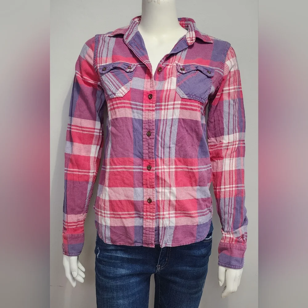 American Eagle Womens Favorite Fit Pink Purple Flannel Plaid Button Up Small S - Picture 1 of 12